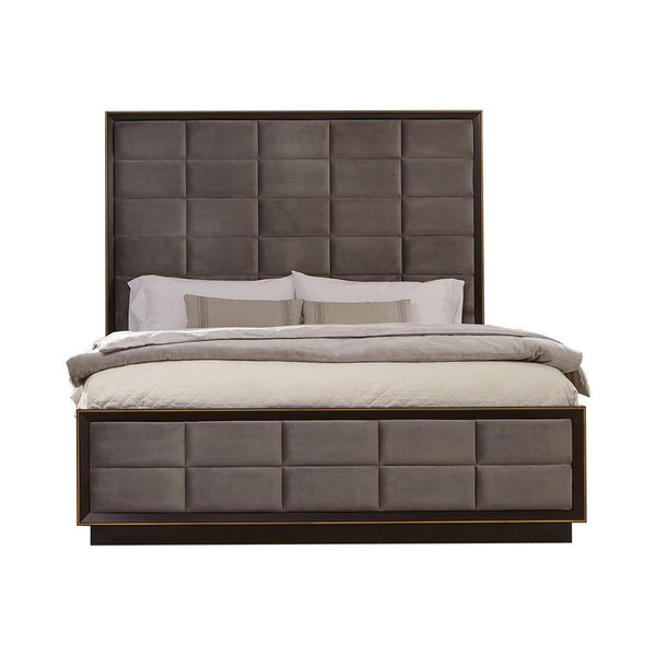 Durango Eastern King Upholstered Bed front view in smoked peppercorn and grey upholstery