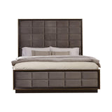 Durango Queen Upholstered Bed front view in smoked peppercorn and grey upholstery