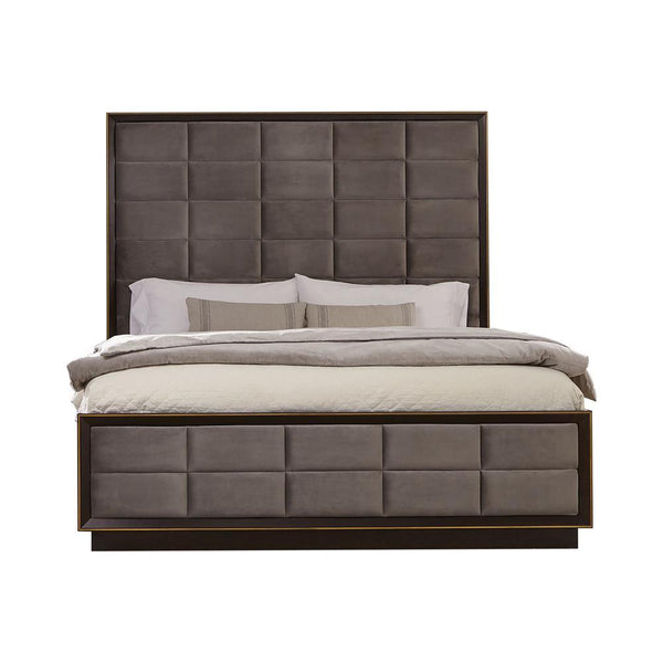 Durango Queen Upholstered Bed front view in smoked peppercorn and grey upholstery