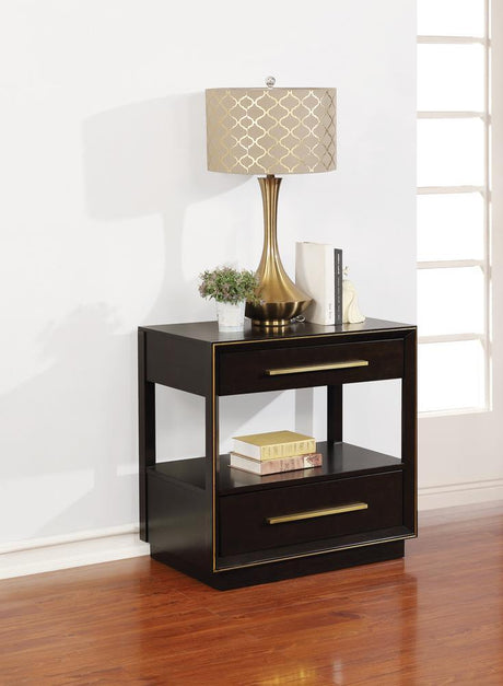 Durango 2-Drawer Nightstand in smoked peppercorn finish showing front angle