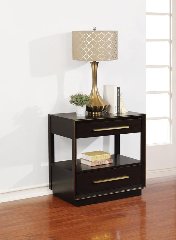 Durango 2-Drawer Nightstand in smoked peppercorn finish showing front angle