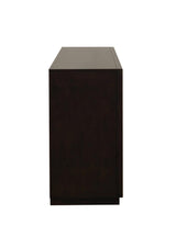 Close-up of elongated metallic drawer pulls