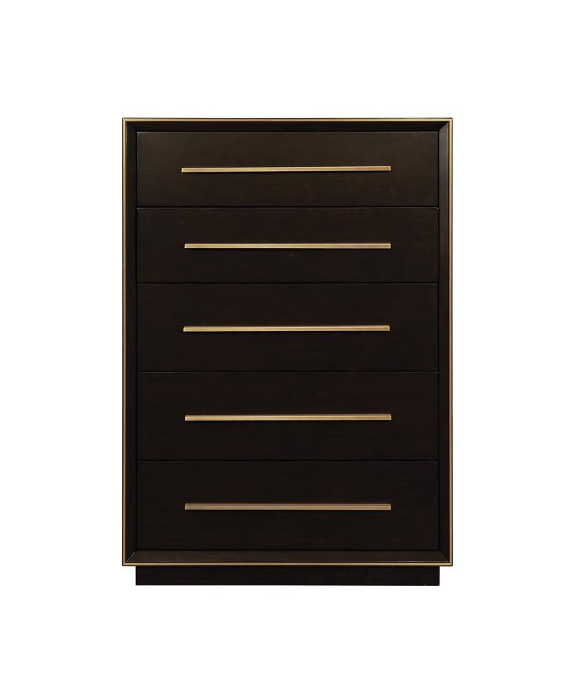 Durango 5-Drawer Chest side angle showcasing gold handles