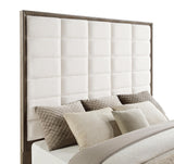Side view of Durango queen panel bed with fabric upholstery