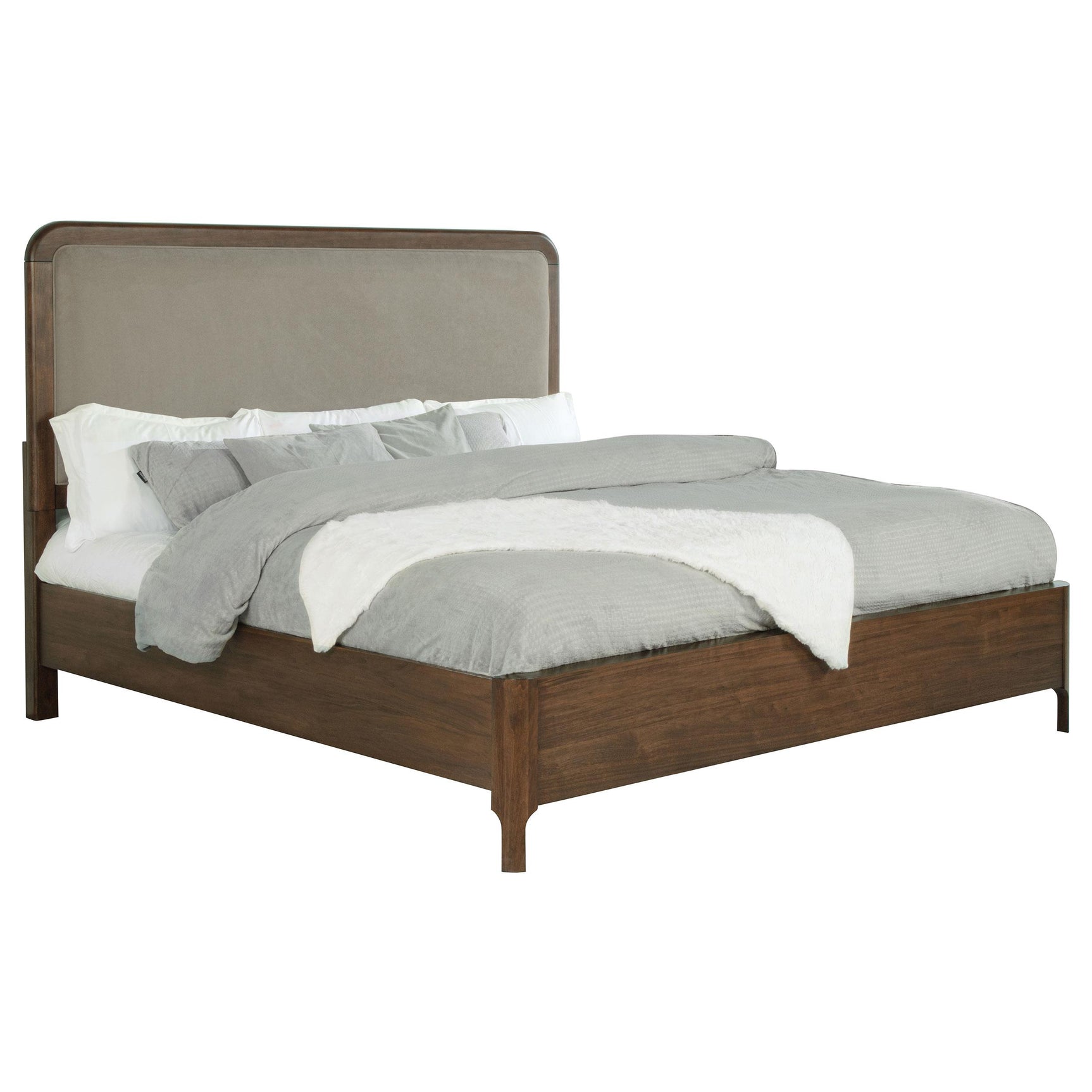 Side view of Maderia queen panel bed showing fabric upholstery