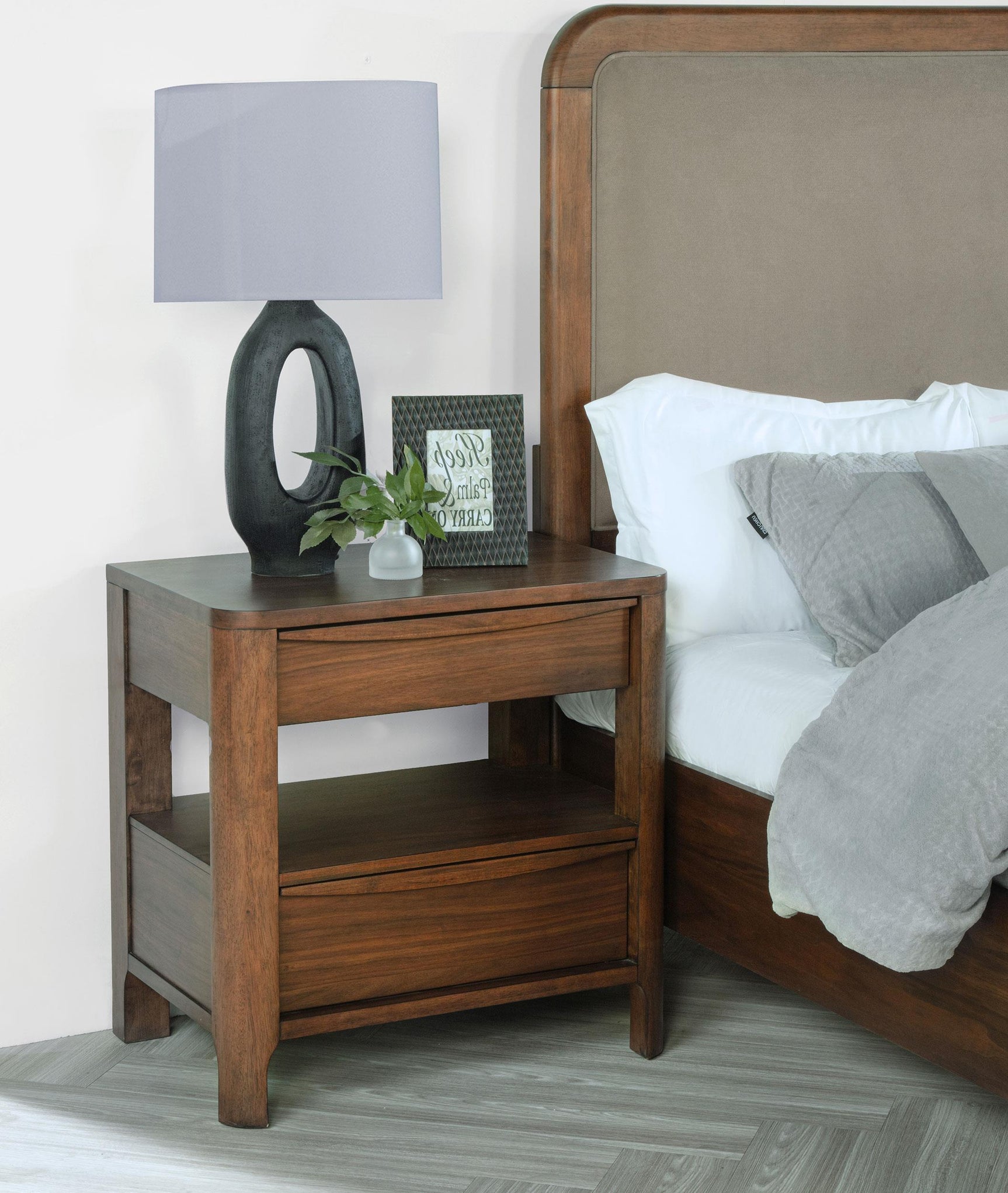 Side angle of Maderia walnut nightstand showing drawer