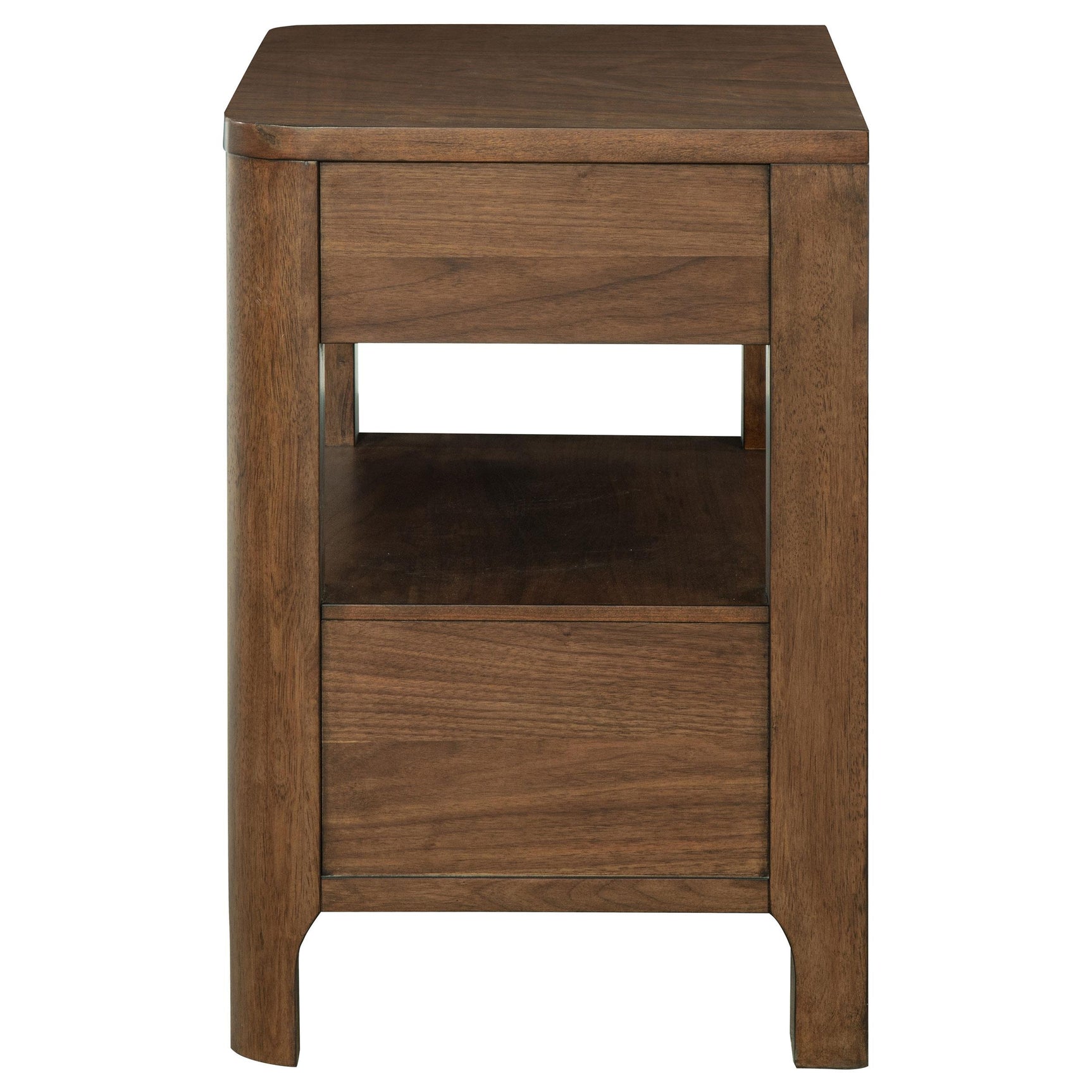 Finger-tip pulls on walnut nightstand drawers