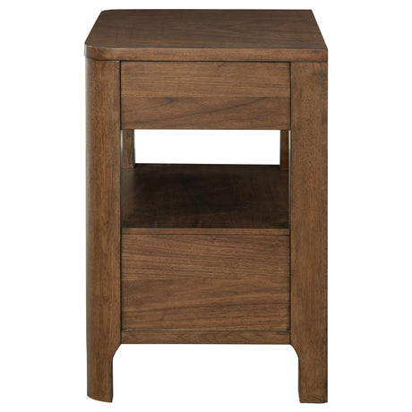 Finger-tip pulls on walnut nightstand drawers