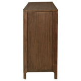 Side view of Maderia walnut dresser with drawers closed