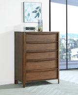 Side angle of Maderia 5-drawer walnut chest