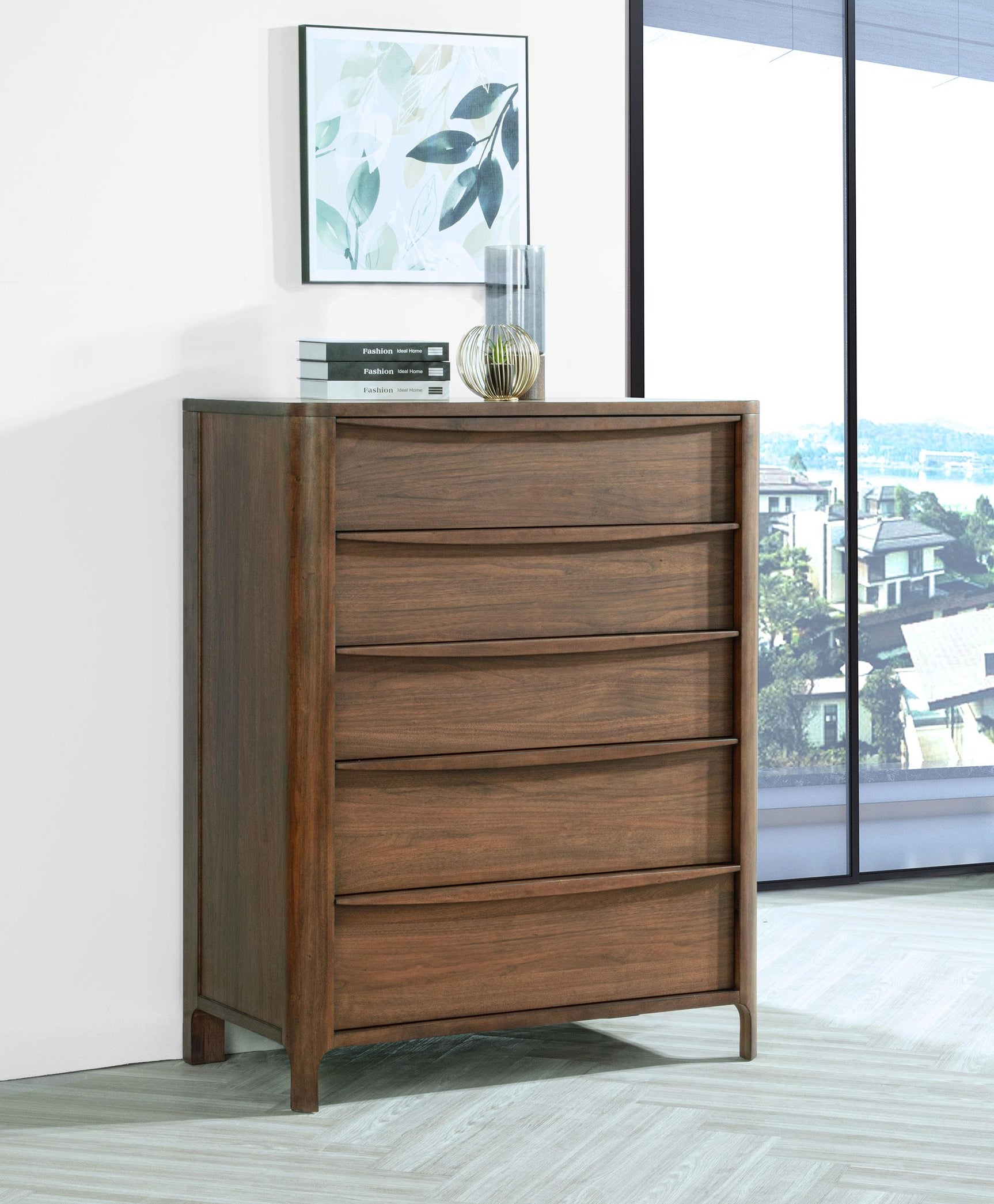 Side angle of Maderia 5-drawer walnut chest