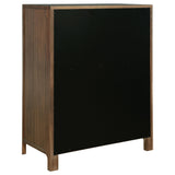 Back view of Maderia 5-drawer walnut chest