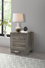 Side view of Wright brown oak 2-drawer nightstand