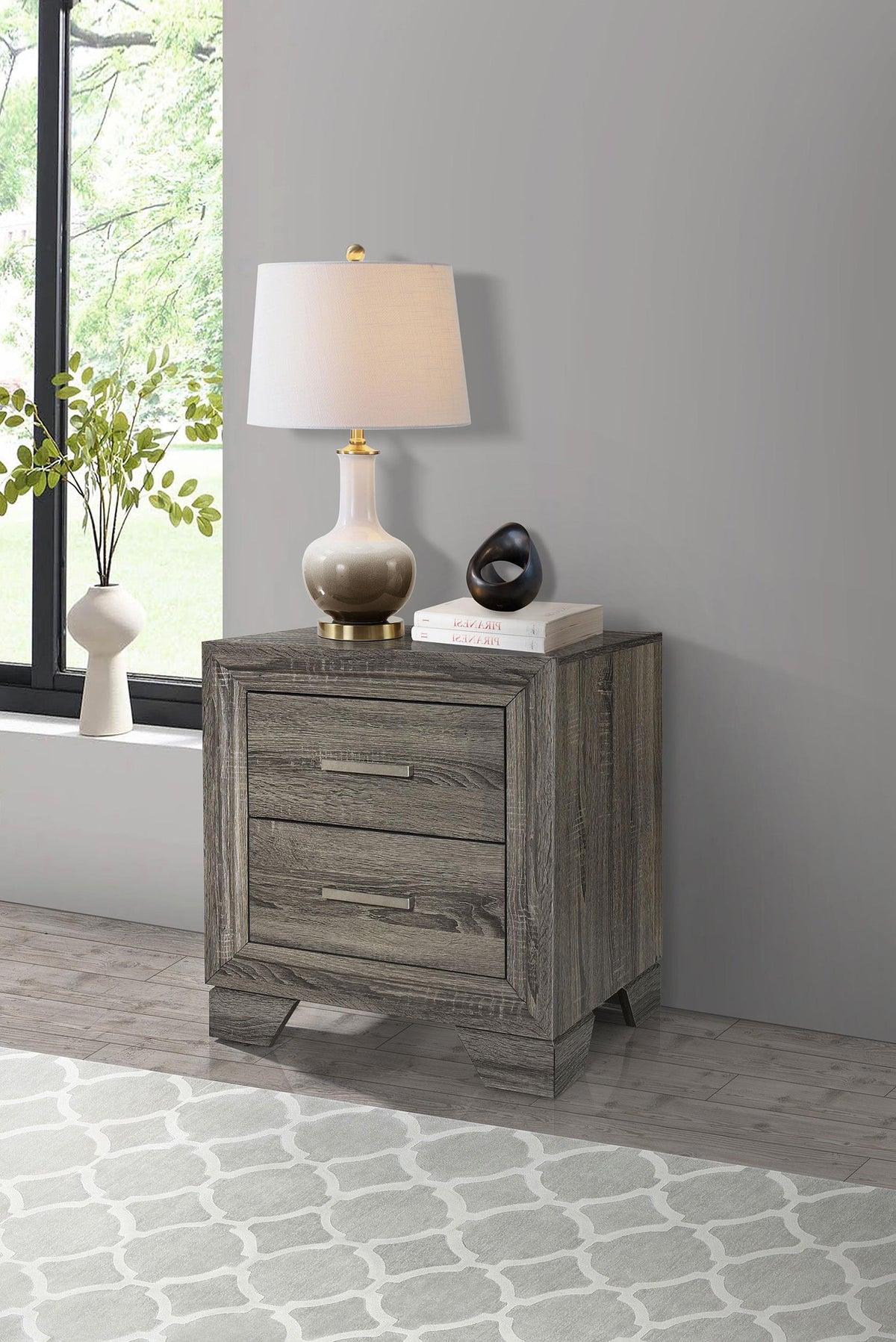 Side view of Wright brown oak 2-drawer nightstand