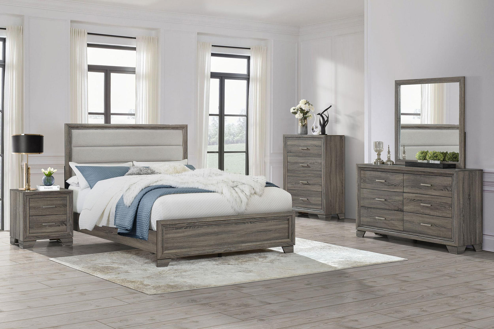 Low angle front view of brown oak dresser