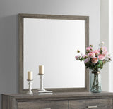 Side angle of Wright dresser mirror in brown oak