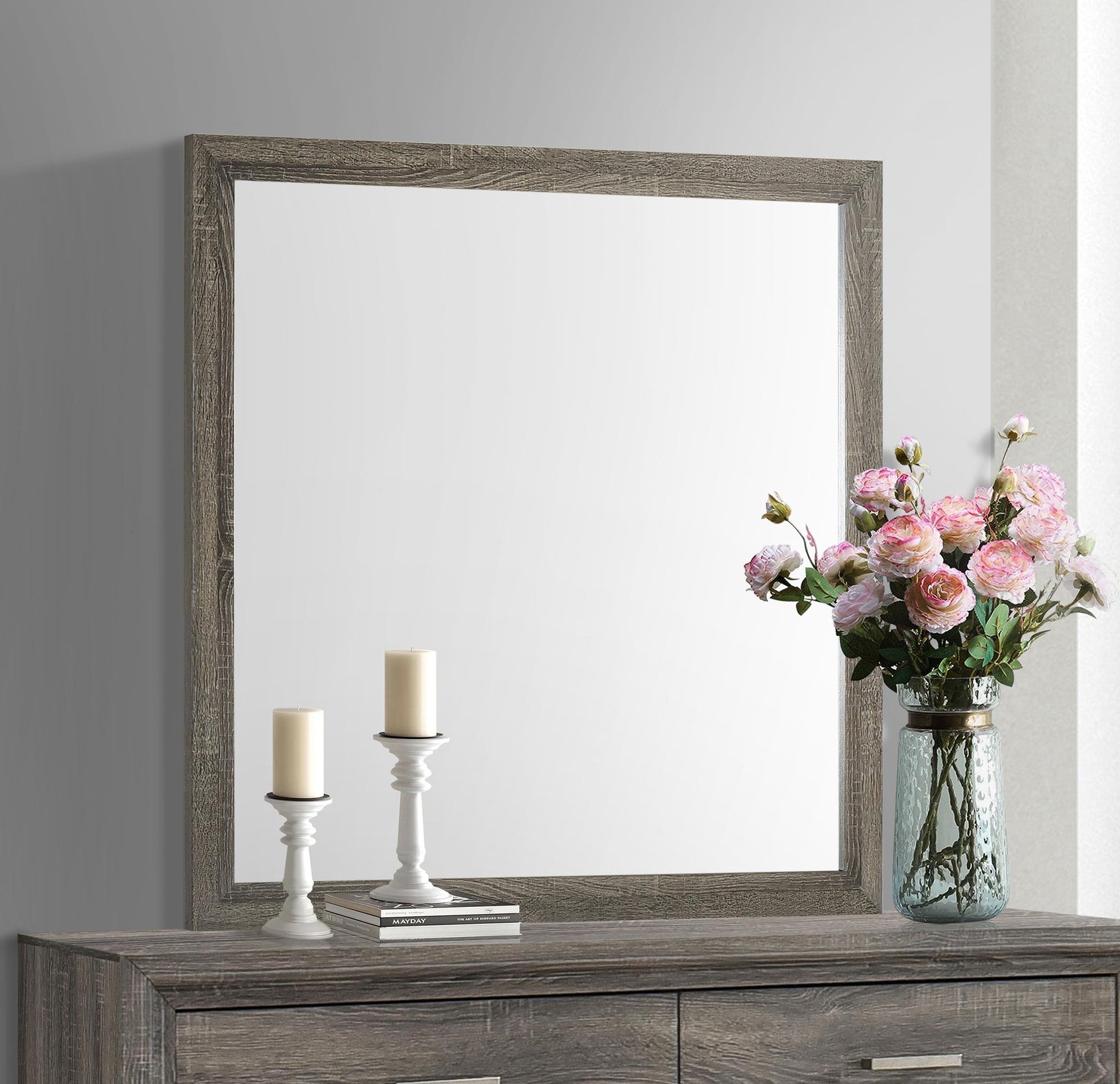 Side angle of Wright dresser mirror in brown oak