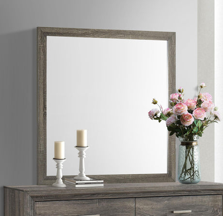 Side angle of Wright dresser mirror in brown oak