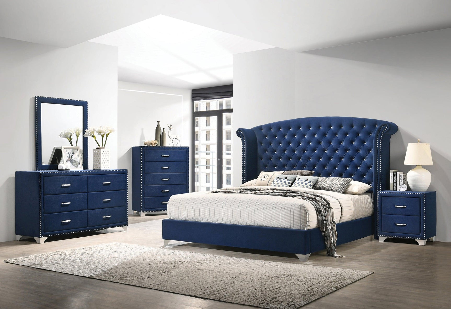 Melody Eastern King Wingback Upholstered Bed Pacific Blue - Ella Furniture