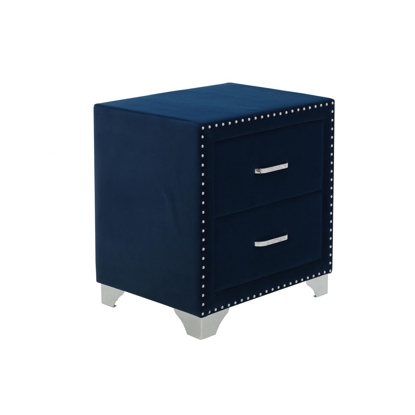 Side view of Melody Upholstered Nightstand in Pacific Blue velvet