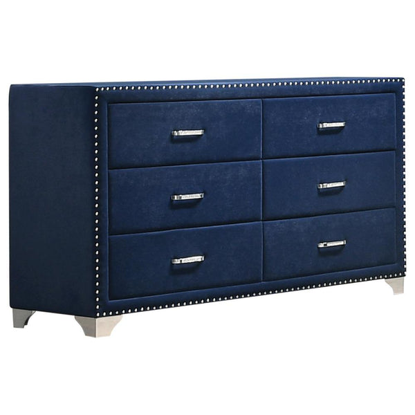 Pacific Blue velvet upholstered dresser angled side view