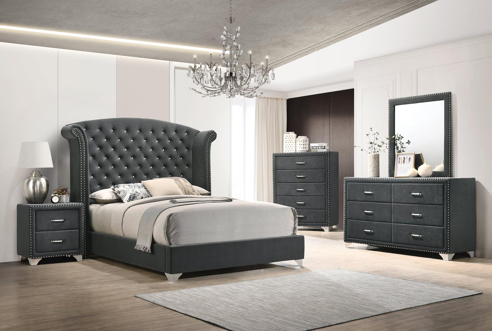 Melody King Wingback Upholstered Bed in Dark Grey Velvet, angled view