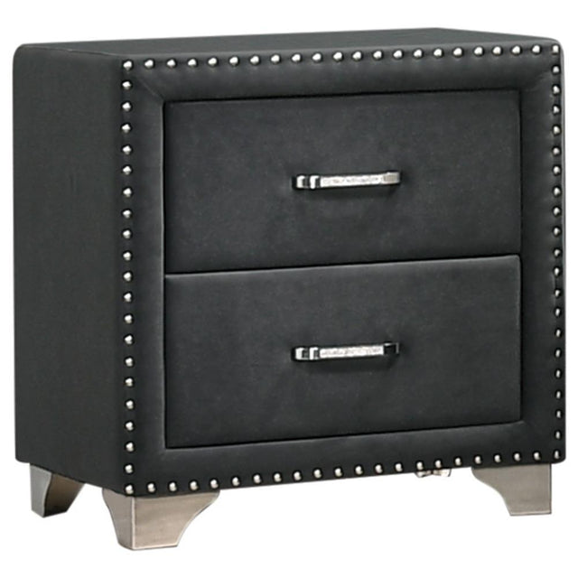 Melody grey upholstered 2-drawer nightstand front angle