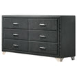 Melody 6-drawer grey velvet upholstered dresser angled front view showing drawers