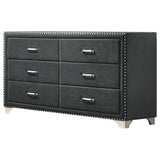 Melody 6-drawer grey velvet upholstered dresser angled front view showing drawers
