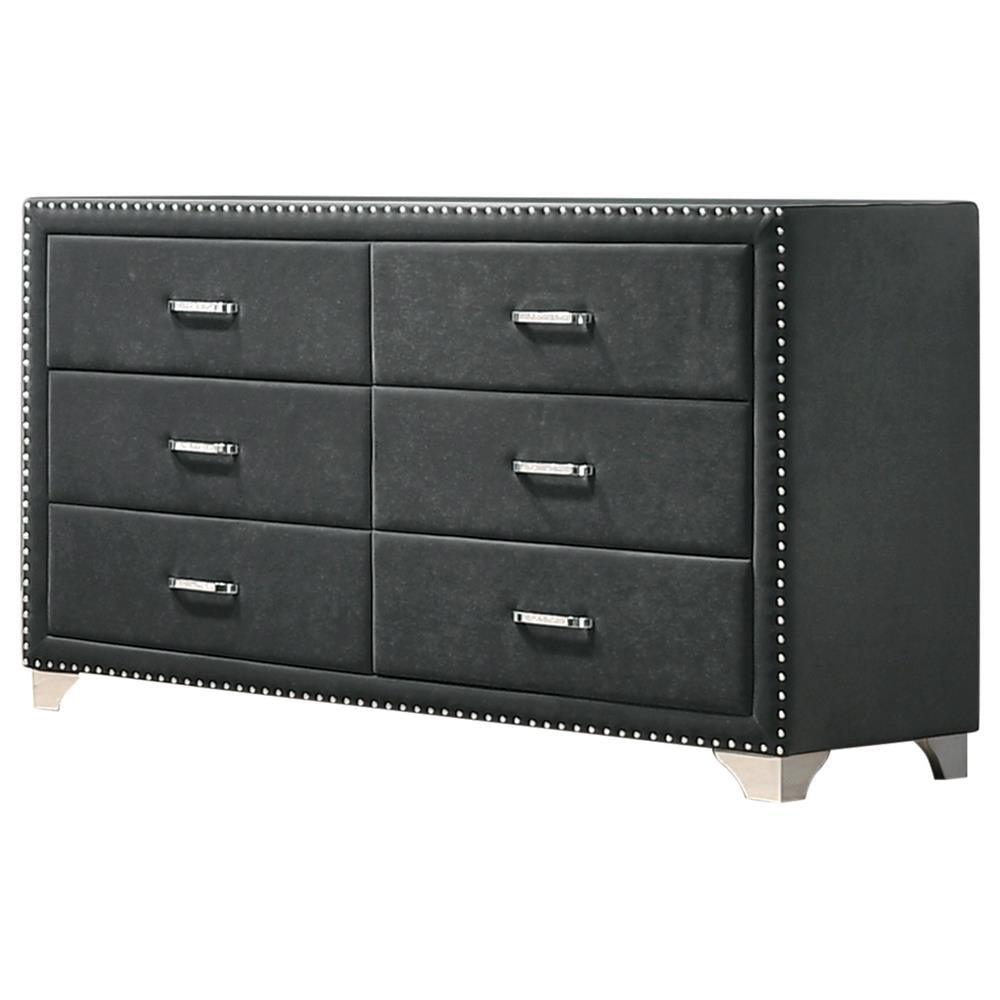 Melody 6-drawer grey velvet upholstered dresser angled front view showing drawers