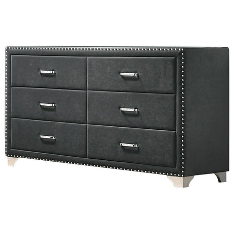 Melody 6-drawer grey velvet upholstered dresser angled front view showing drawers
