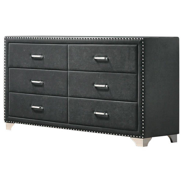 Melody 6-drawer grey velvet upholstered dresser angled front view showing drawers