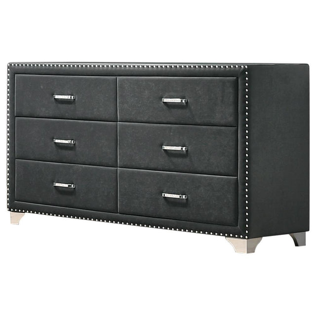 Melody 6-drawer grey velvet upholstered dresser angled front view showing drawers