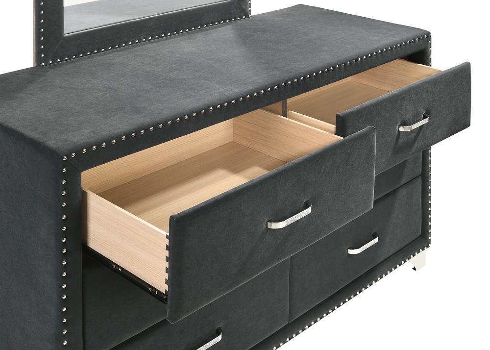 Side view of Melody grey velvet upholstered dresser highlighting tapered legs