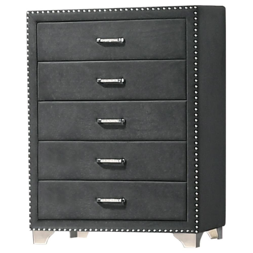 Melody 5-Drawer Grey Upholstered Velvet Chest front view
