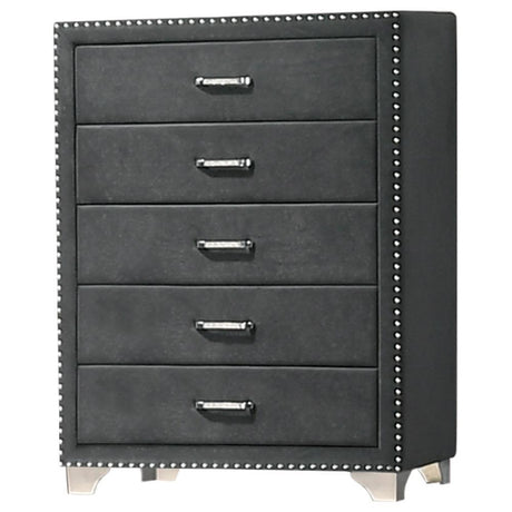 Melody 5-Drawer Grey Upholstered Velvet Chest front view