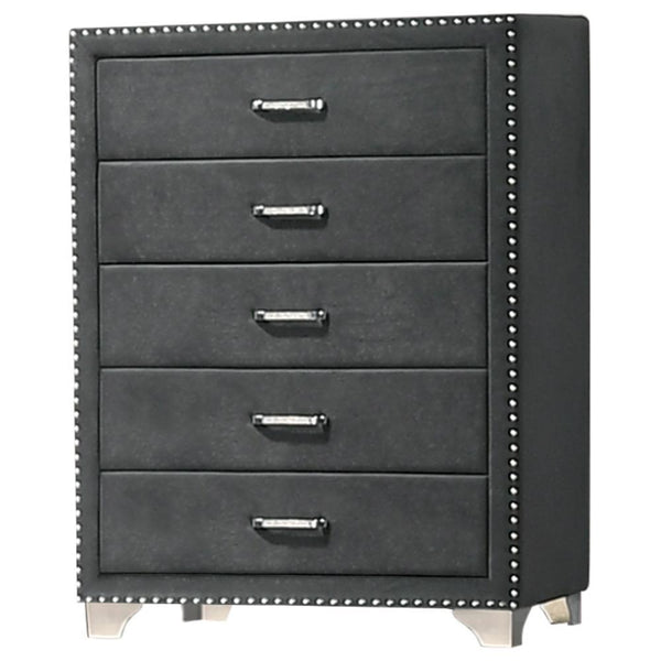 Melody 5-Drawer Grey Upholstered Velvet Chest front view