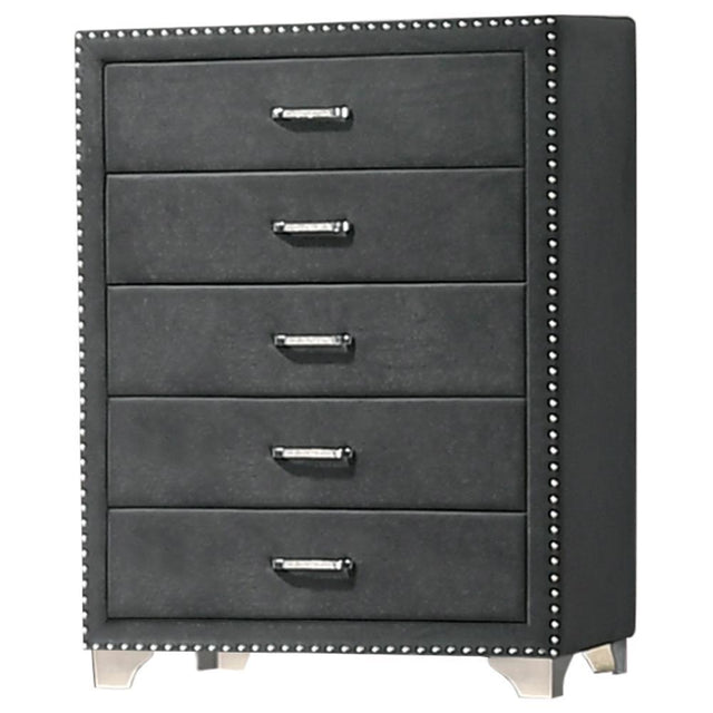 Melody 5-Drawer Grey Upholstered Velvet Chest front view