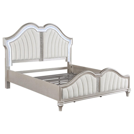 Close-up of Evangeline bed curved channel tufting upholstery
