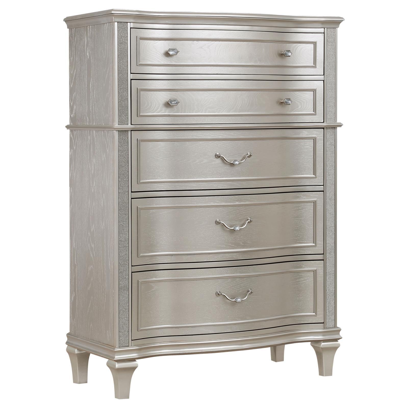 Evangeline 5-Piece Upholstered Platform Eastern King Bedroom Set Ivory And Silver Oak