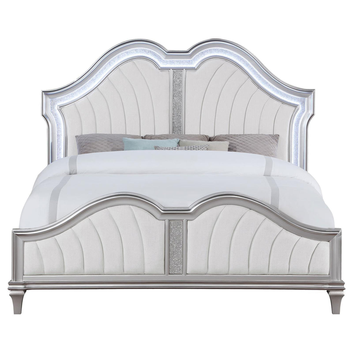 Evangeline bed footboard with tufted upholstery and silver oak frame