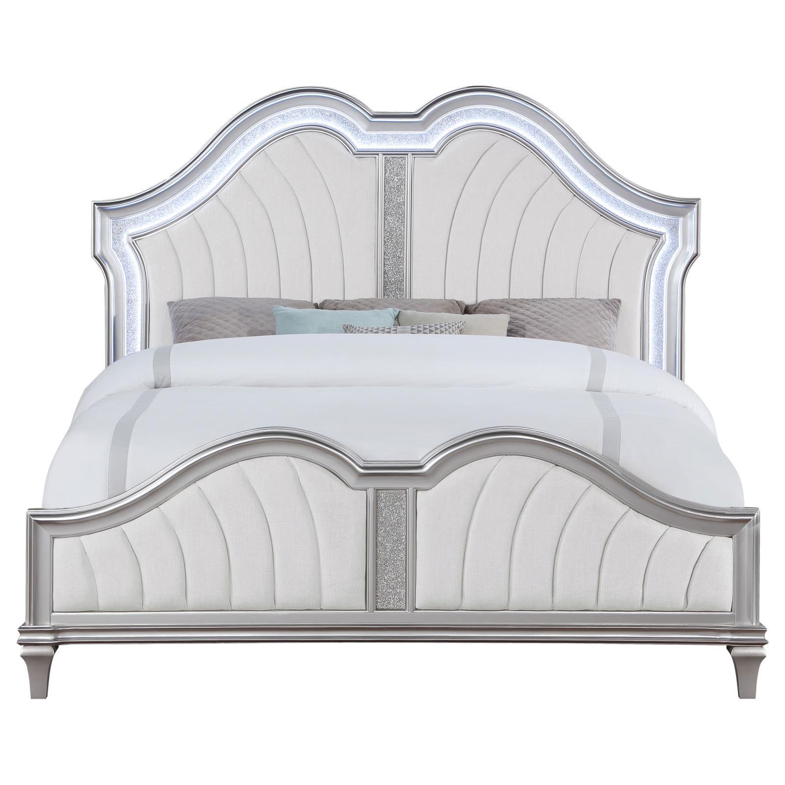 Evangeline bed footboard with tufted upholstery and silver oak frame