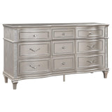 Evangeline five-drawer chest with silver oak finish and decorative pulls