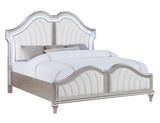 Side angle of Evangeline tufted platform queen bed with tapered legs