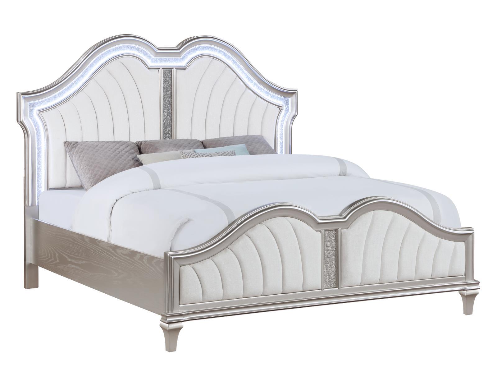 Side angle of Evangeline tufted platform queen bed with tapered legs