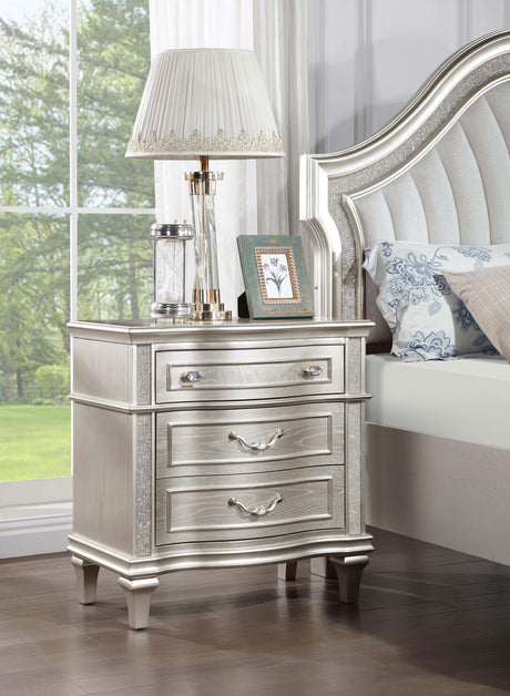 Evangeline 3-Drawer Nightstand Silver Oak front angle