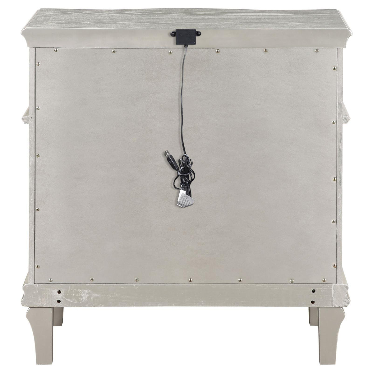 Nightstand with USB outlet visible