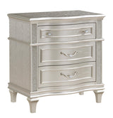 Side view of Evangeline 3-Drawer Nightstand silver oak finish