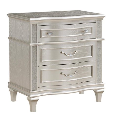 Side view of Evangeline 3-Drawer Nightstand silver oak finish