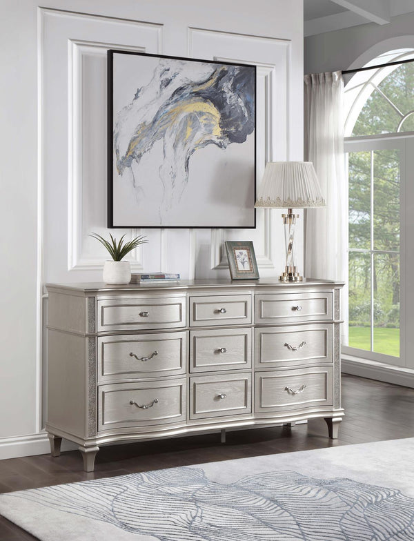 Evangeline 9-Drawer Silver Oak Dresser angled view